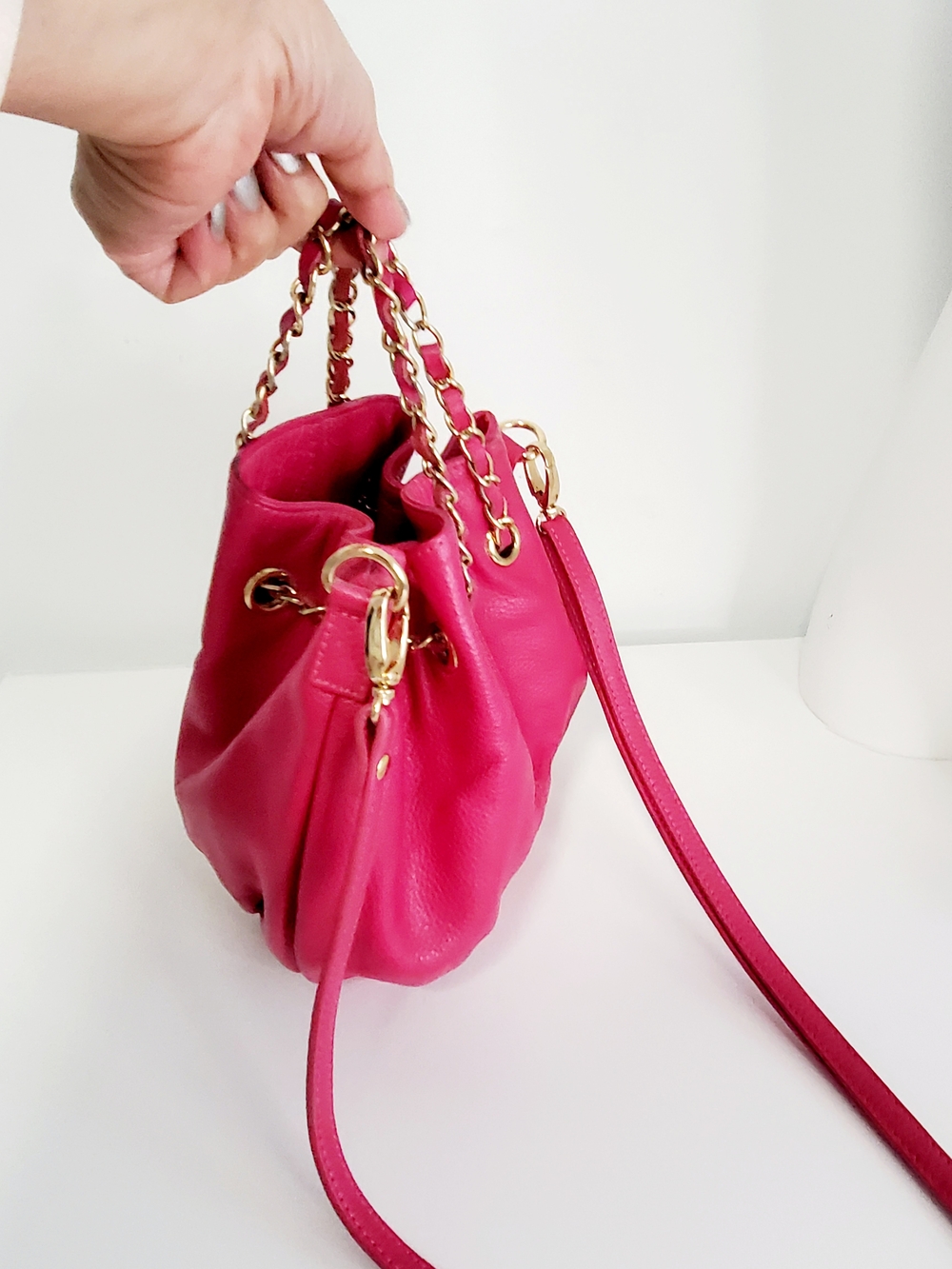 Hot Pink Pebbled Leather Mini Drawstring Bucket Bag with Gold Chain - Picture 3 of 7